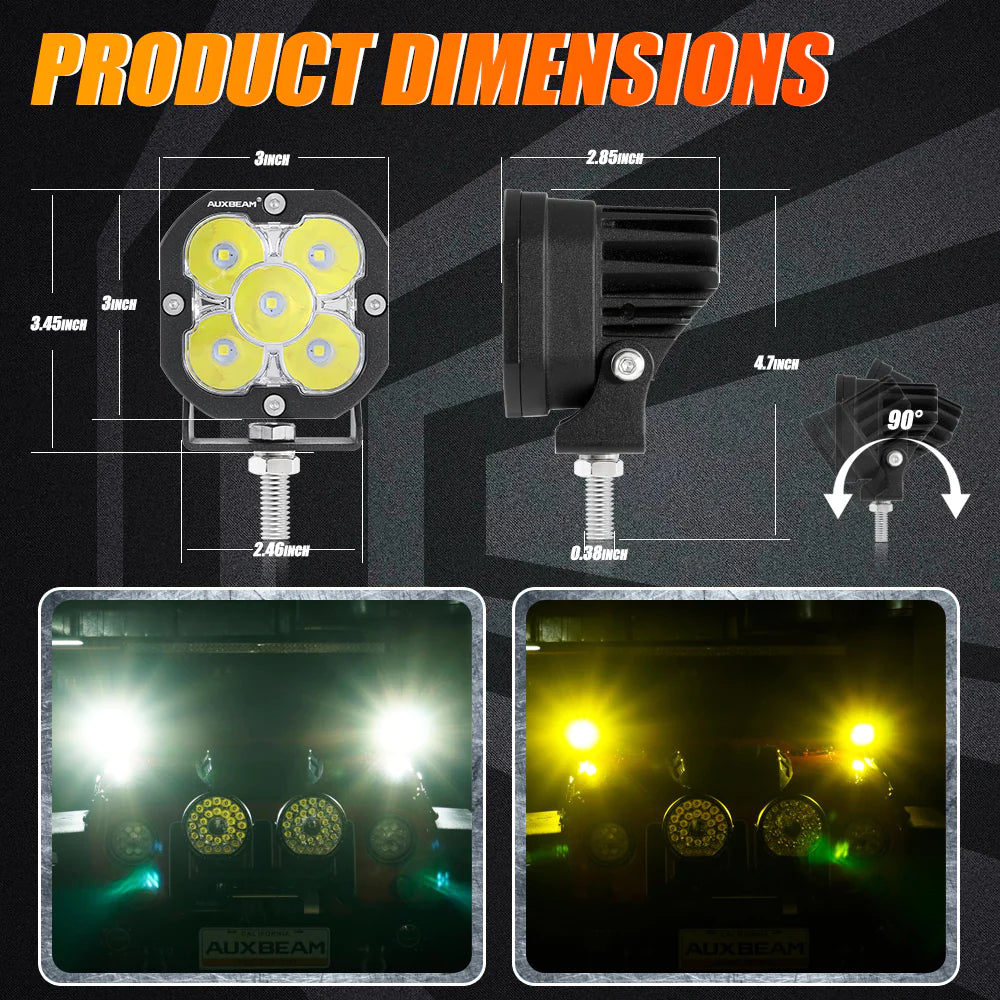 Auxbeam 3" 80W 9600LM Led Pods White & Yellow Interchangeable (Pair)